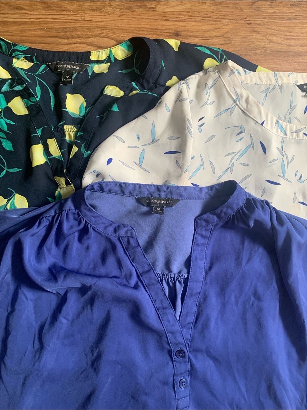 Banana Republic lot of Navy Lemon Print, White Leaf Print & Royal Blue Blouses